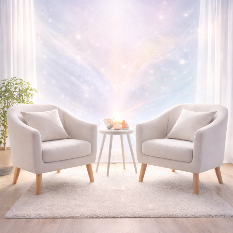 Tisch mit Laptop, Kaffeetasse, Kerze und Unterlagen in einem hellen Raum.